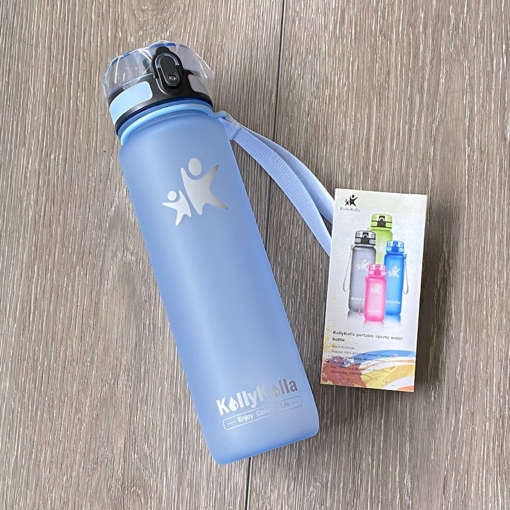 NEW! 33 Ounce Water Bottle With Time Markers Removable Filter Wrist Strap Blue